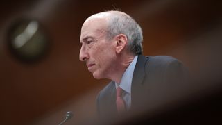 SEC Chair Gary Gensler, photographed in side profile while giving testimony before the Financial Services and General Government Subcommittee. He in in focus, with a microphone just in frame below his chin, but the rest of the image is defocused.
