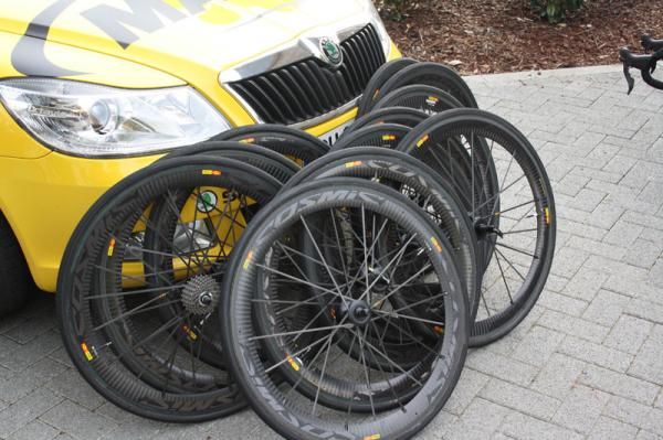 Spare wheels being swapped out ahead of Paris-Roubaix