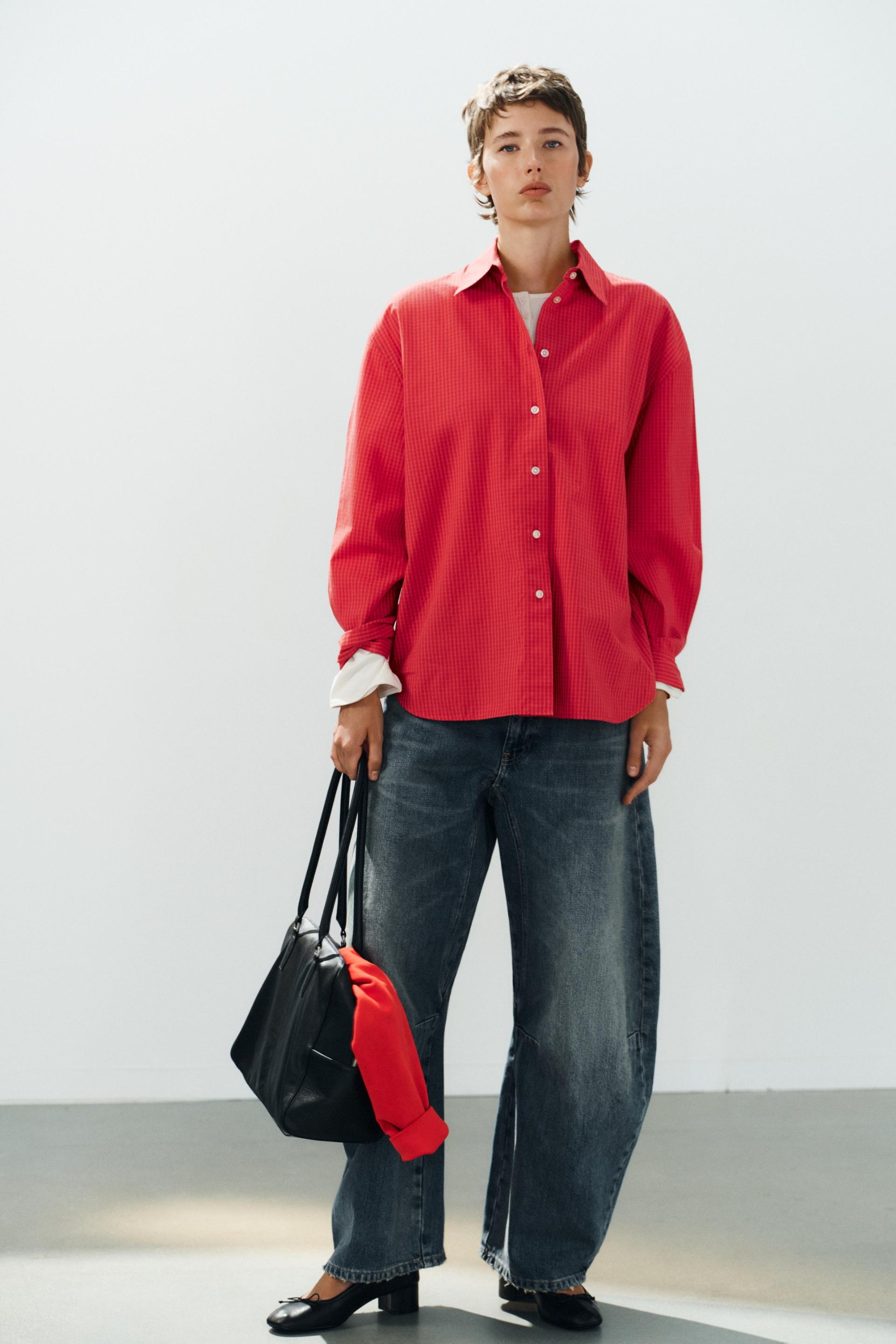 Oversize Checked Poplin Shirt - Red / Black - Xs