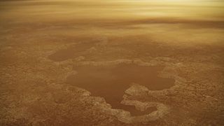This artist's concept of a lake at the north pole of Saturn's moon Titan illustrates raised rims and rampart-like features as seen by NASA's Cassini spacecraft.