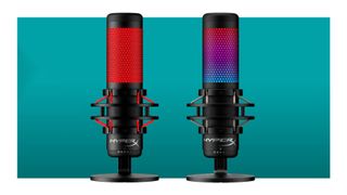 The Hyper X Quadcast S and HyperX Quadcast gaming microphones on a teal deals background for Prime Day.