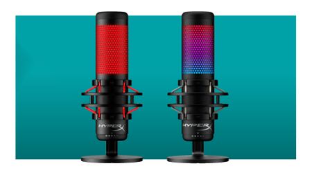 The Hyper X Quadcast S and HyperX Quadcast gaming microphones on a teal deals background for Prime Day.