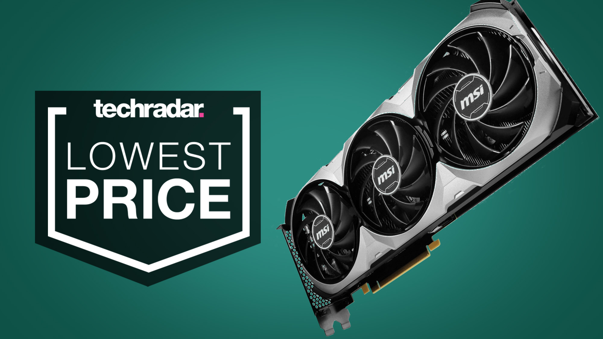 An MSI RTX 4070 against a green background with a TechRadar Lowest Price badge next to it