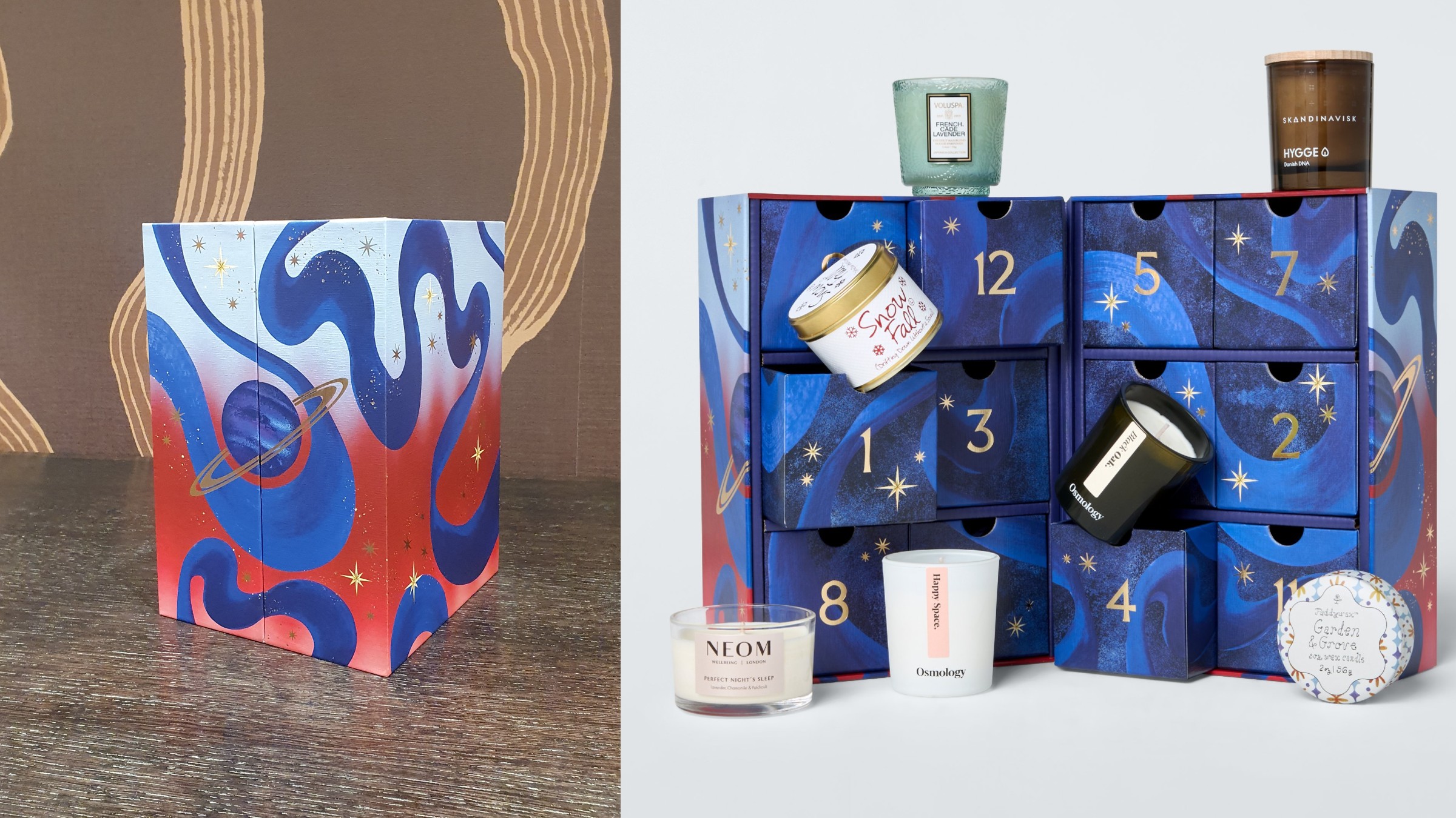 John Lewis scented candle advent calendar, pictured both closed and open with some of the candles taken out