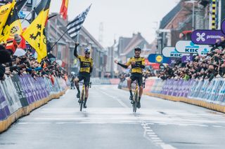 Christophe Laporte and Wout van Aert crossing the line in first and second place at Gent-Wevelgem 2023