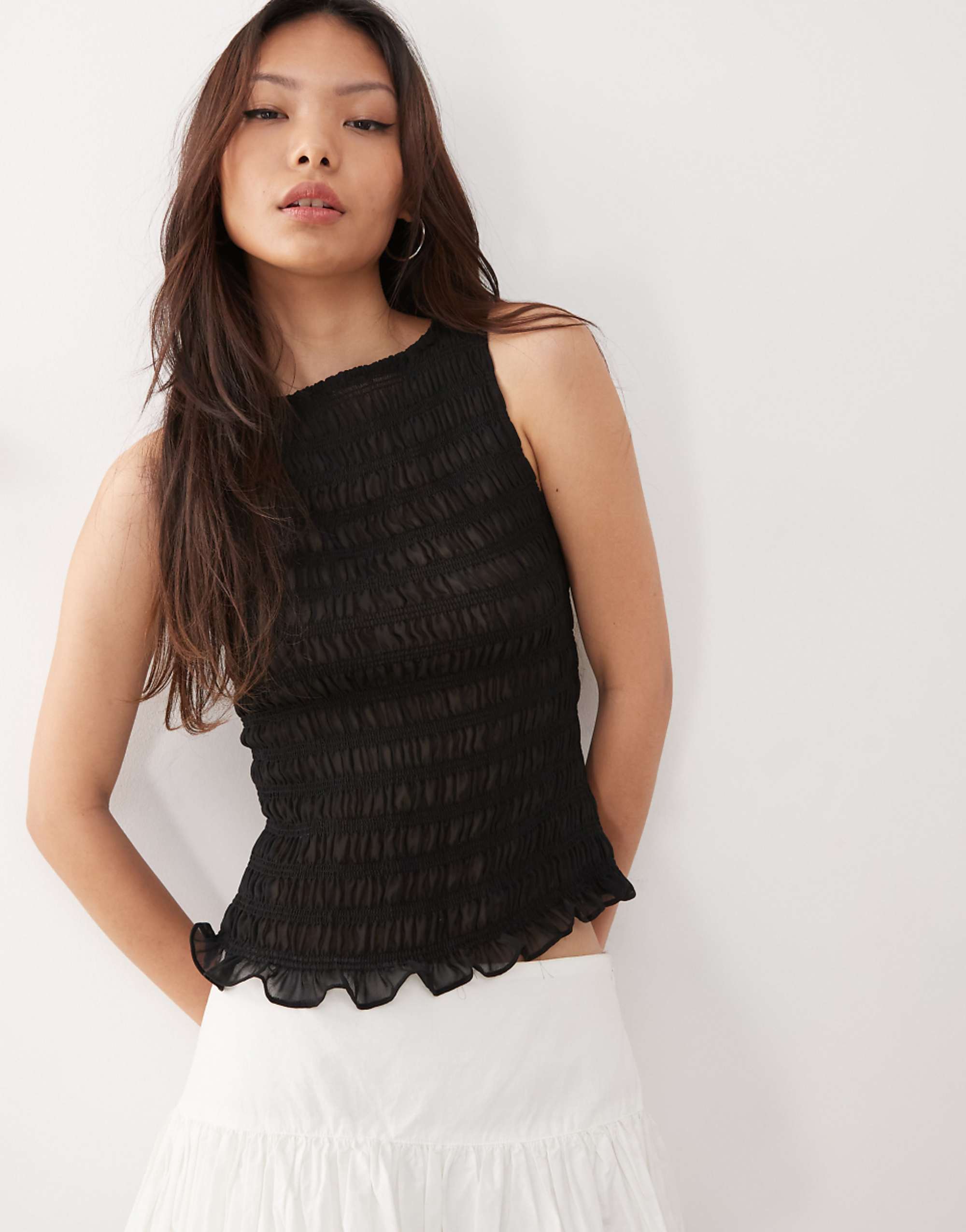Amy Lynn Sonya Shirred Slash Neck Sheer Top in Black