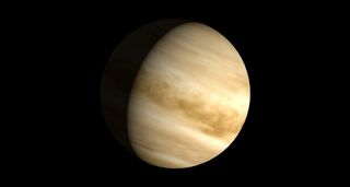 A partially shadowed venus hangs in black space striped in pole to pole swirling tan and brown gases.