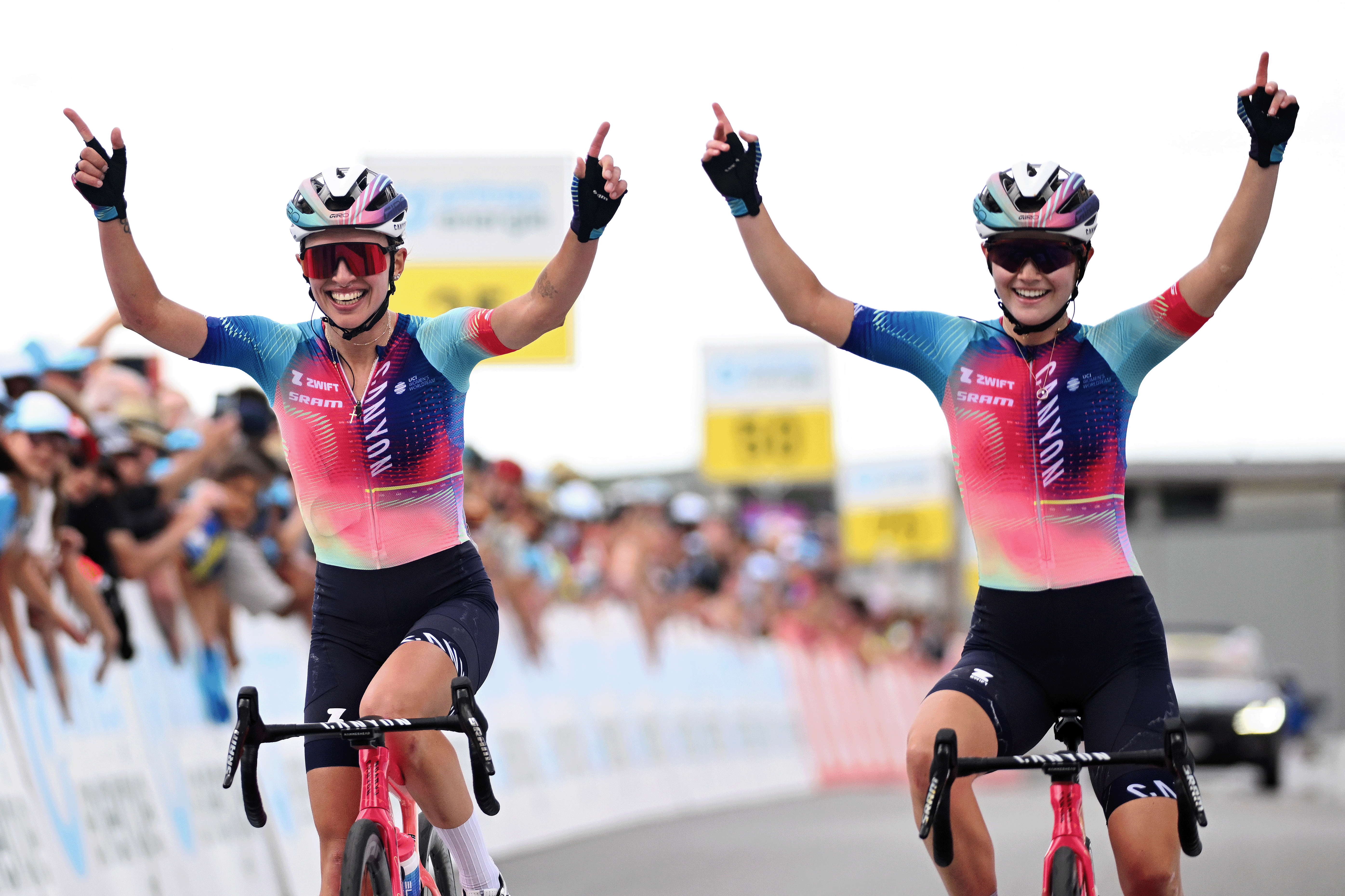 Bradbury and Niewiadoma celebrate their 1-2 stage finish at the Tour de Suisse