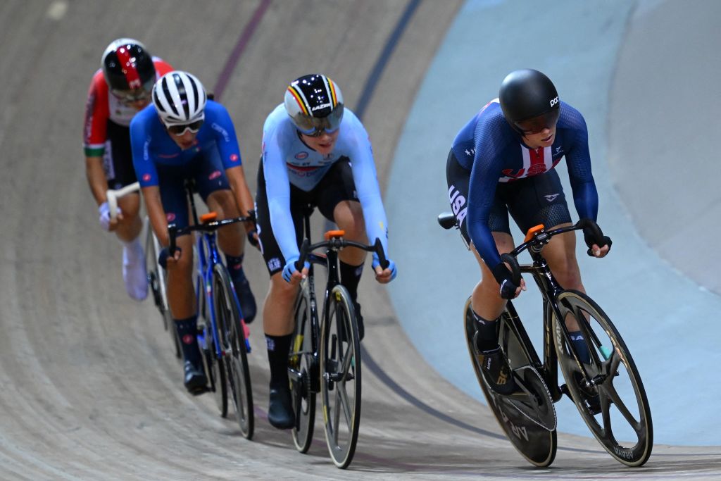 Jennifer Valente (USA) races the women's Omnium at Track Worlds