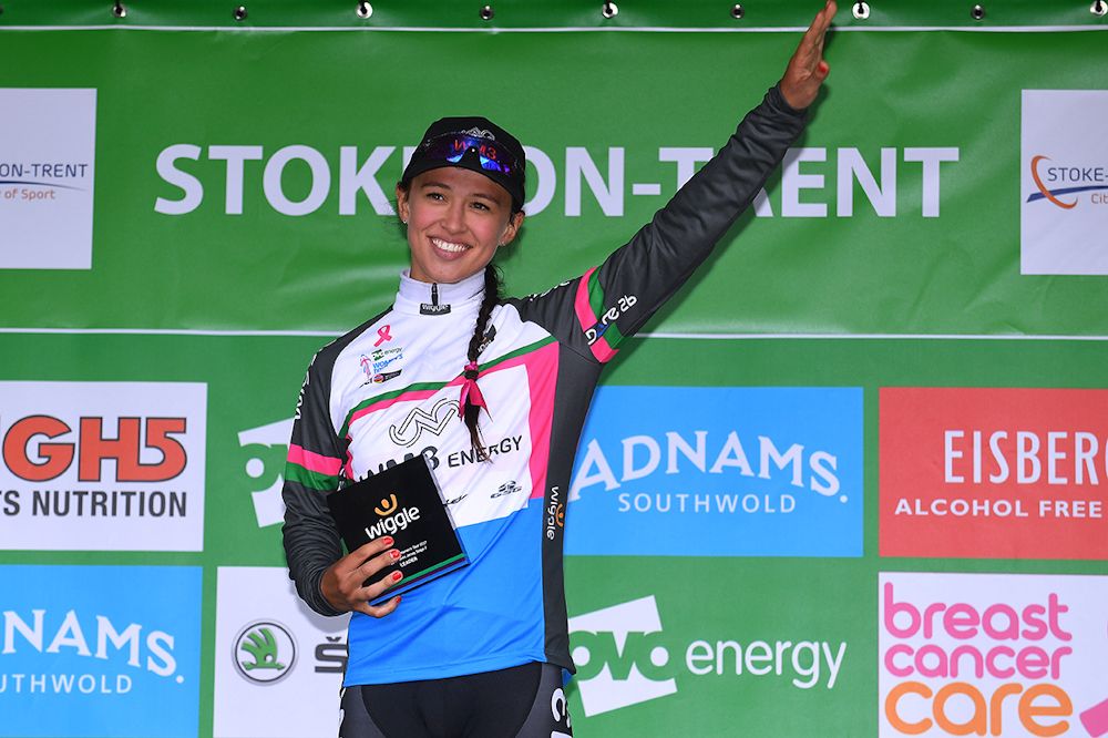Katarzyna Niewiadoma (WM3 Pro Cycling) on the stage 2 podium at the Women's Tour