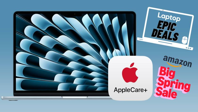 Sky blue M4 MacBook with Apple Card Plus logo, Amazon Big Spring Sale logo and epic deals sticker.