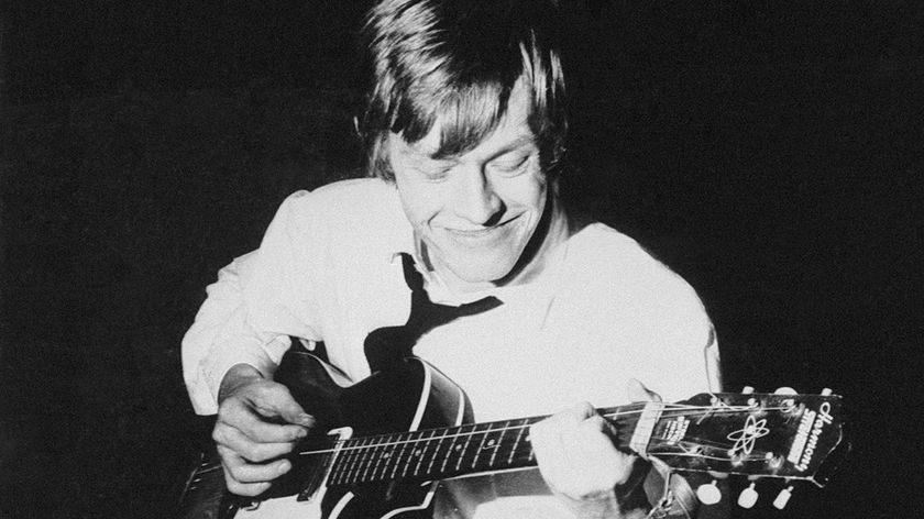 Brian Jones playing his guitar during an early Rolling Stones session, at Olympic Studios while recording &#039;Come On&#039;, 10th May 1963