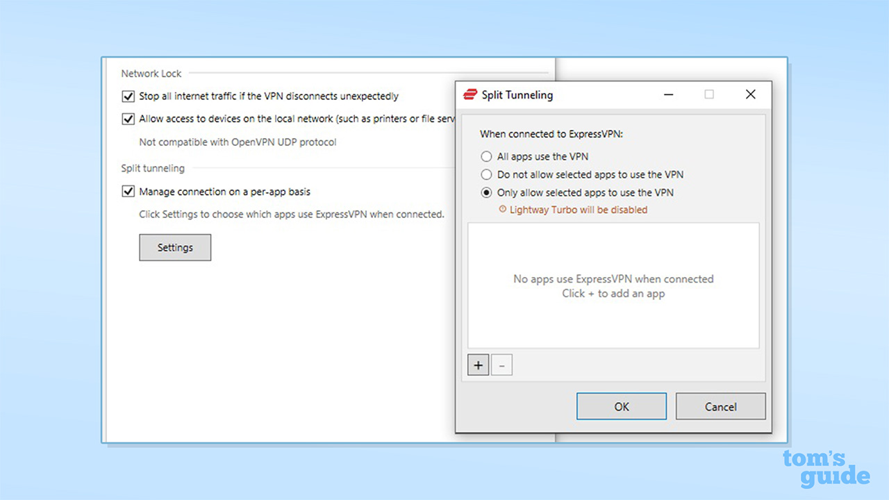 The settings for ExpressVPN&#039;s split tunneling feature