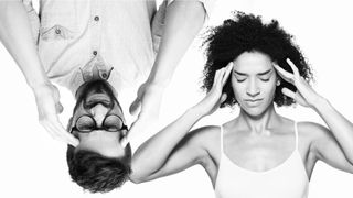 A black and white photo collage of a man and woman clutching their heads in pain