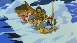 Ash, Misty, Brock and Pikachu caught in a storm in Pokemon: The First Movie.