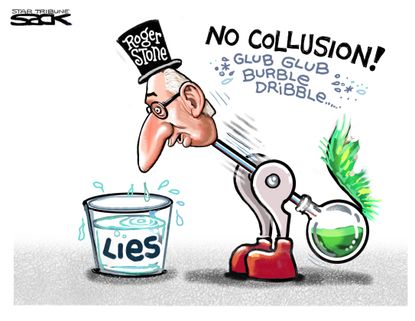 Political Cartoon U.S. Roger Stone Mueller Russia investigation Collusion Trump