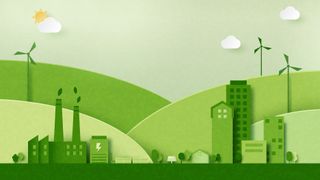 A green paper cutout representing sustainable business models, showing factories, wind turbines, hulls, and high-rise buildings. In the background, the sun peeks out from paper clouds.