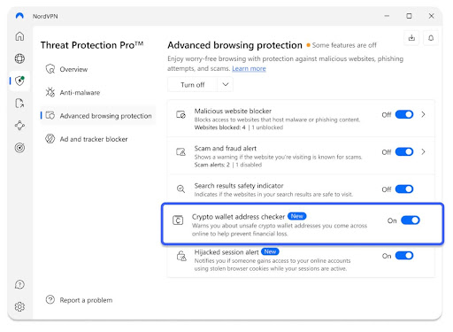 Screenshot of NordVPN&#039;s Threat Protection Pro including the new Crypto wallet address checker tool