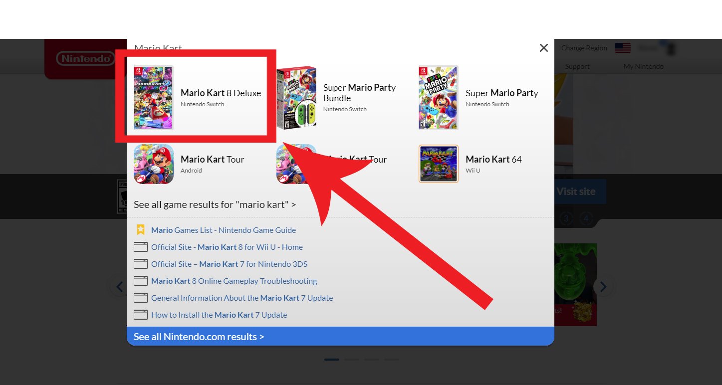 Using Nintendo website to search for Mario Kart 8 Deluxe