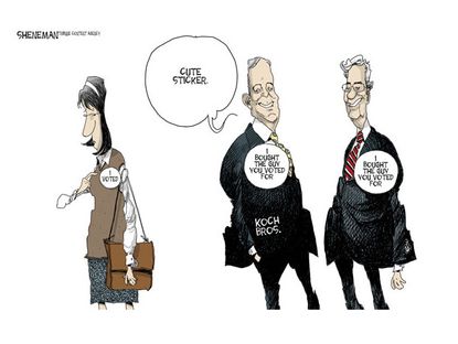 Political cartoon I voted sticker Koch brothers