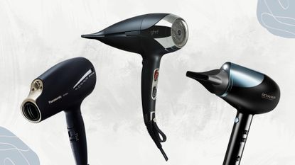 Collage of the best hair dryers for fine hair on a white marble background with blue and pink motifs