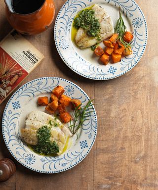 Roast turbot with salsa verde and pumpkin