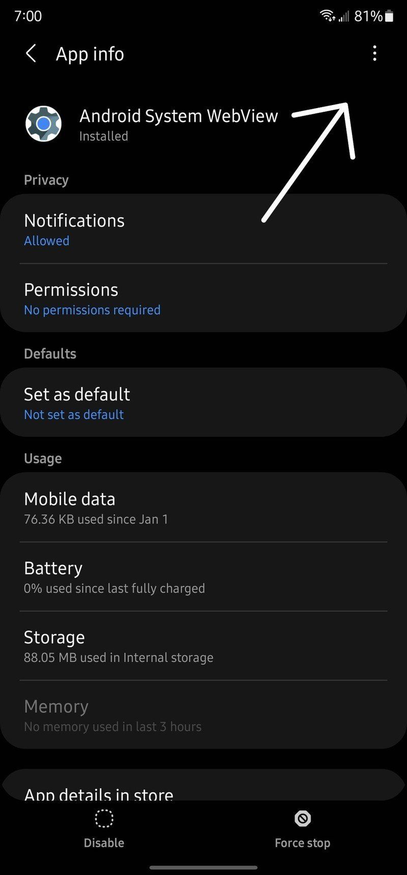 Uninstalling Android System WebView: Step 3