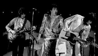 (from left) Mick Taylor, Mick Jagger and Keith Richards perform with The Rolling Stones at the Forum on January 18, 1973 in Inglewood, California