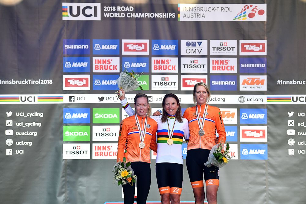 Van der Breggen, Van Vleuten and Van Dijk on the 2018 UCI Road World championships time trial podium