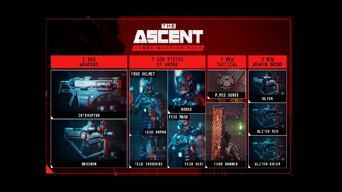 Image displaying all items available in Cyber Warrior Pack for The Ascent
