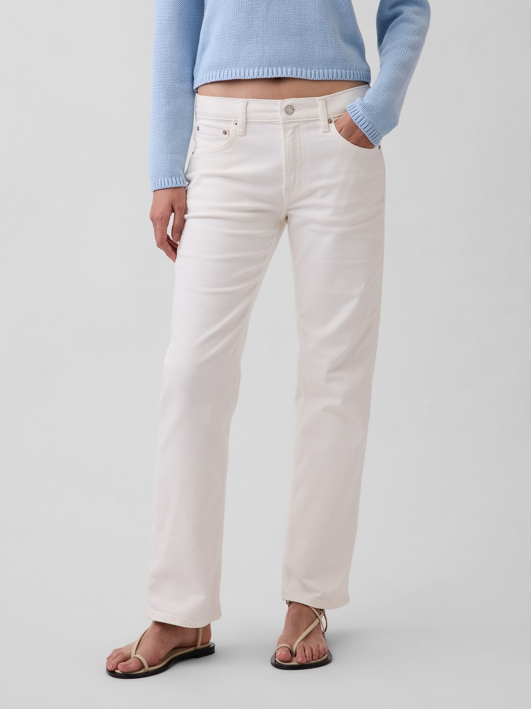 White Mid Rise Relaxed Straight Jeans