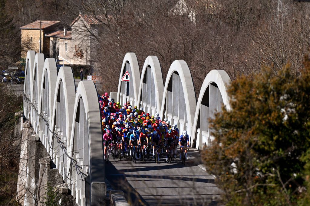 BESSEGES FRANCE FEBRUARY 02 A general view of the peloton competing during the 54th Etoile de Besseges Tour du Gard Stage 3 a 16111km stage from Besseges to Besseges on February 02 2024 in Besseges France Photo by Luc ClaessenGetty Images