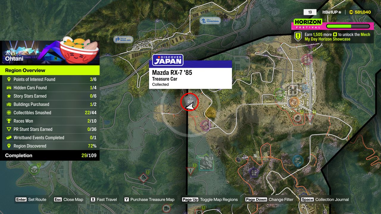 Forza Horizon 6 Treasure Cars: A map with a red circle bringing attention to the location of a Treasure Car in the Ohtani region.