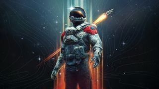 New games 2023 — Key art for Starfield, showing a helmeted player character astronaut standing heroically while a spaceship launches behind them.