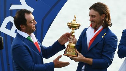 Team Europe golfers Francesco Molinari and Tommy Fleetwood celebrate the Ryder Cup victory