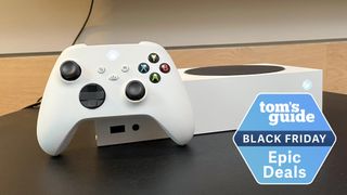 Xbox Series S shown with controller on a black table
