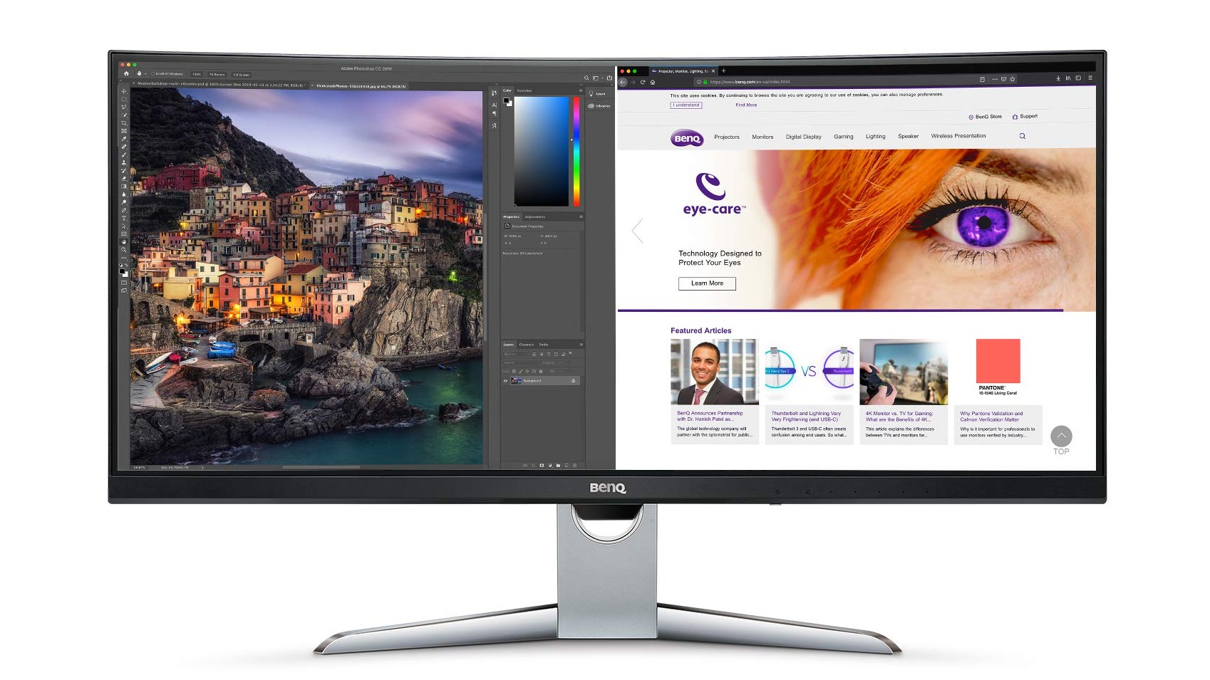 BenQ EX3501R showing two apps open side-by-side
