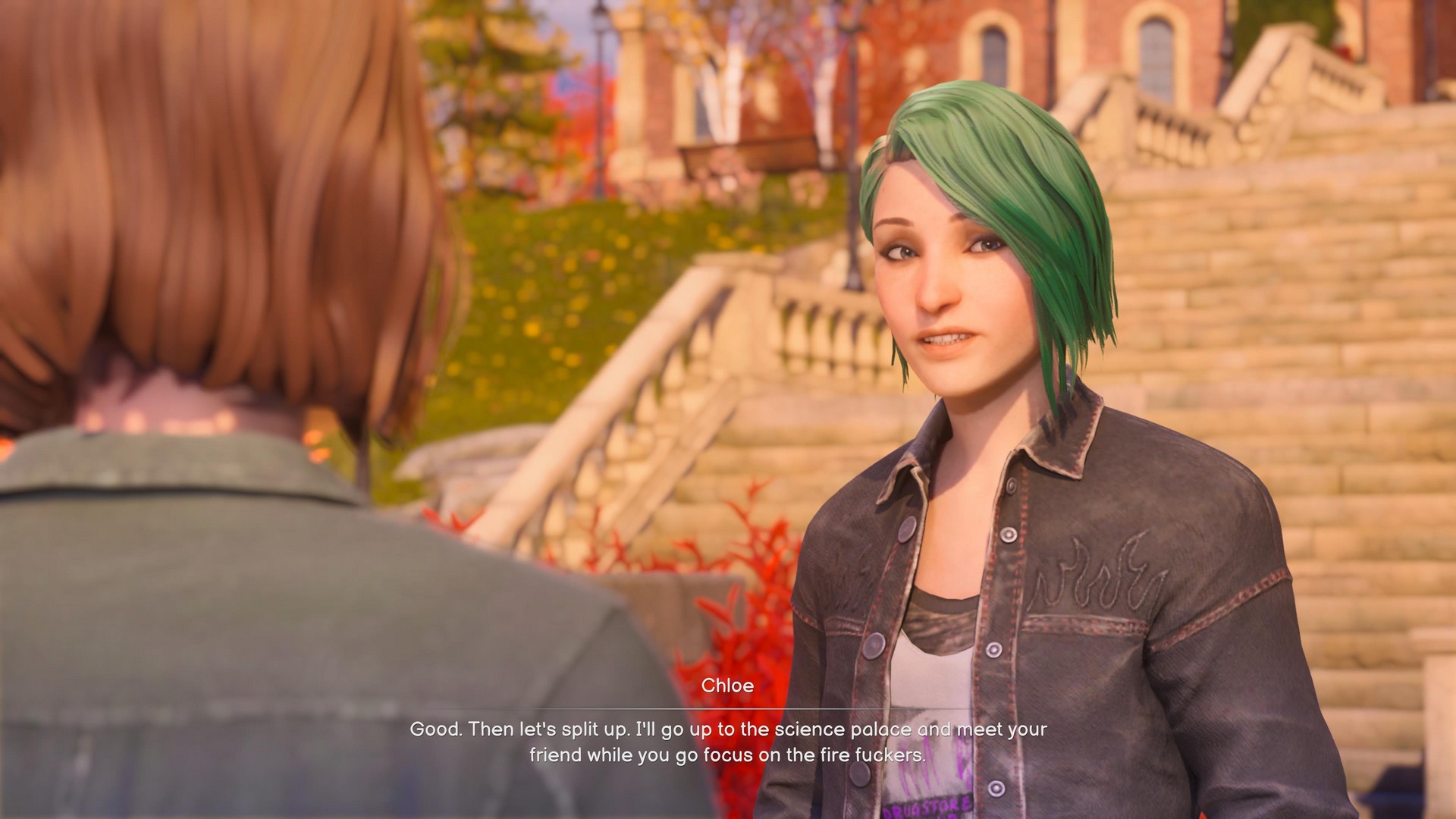 Chloe and Max talk on the steps to Caledon University's astrology lab, agreeing to split up and search for clues in Life is Strange: Reunion
