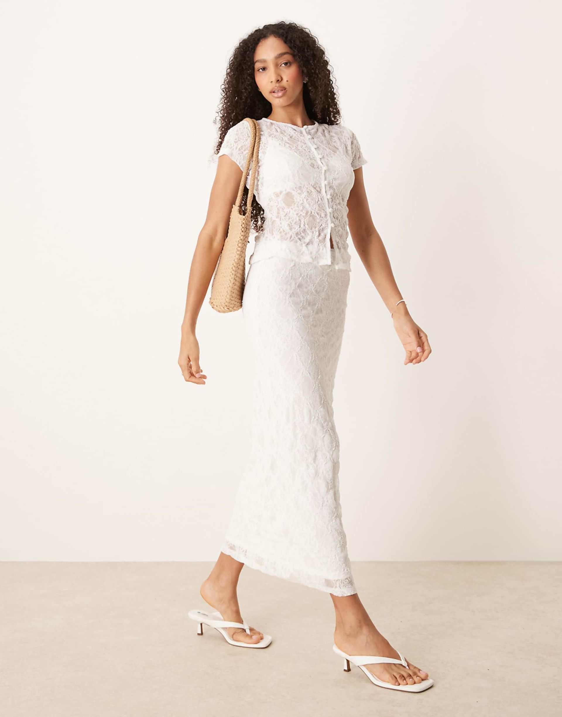Asos Design Co-Ord Textured Lace Sheer Midi Skirt in Ivory