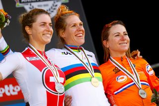 2021 UCI World Championships - Flanders - Women Elite Time Trial - Knokke Heist - Bruges 30,3 km - 20/09/2021 - Ellen Van Dijk (Netherlands) - Marlen Reusser (Switzerland) - Annemiek Van Vleuten (Netherlands) - photo Luca Bettini/BettiniPhotoÂ©2021