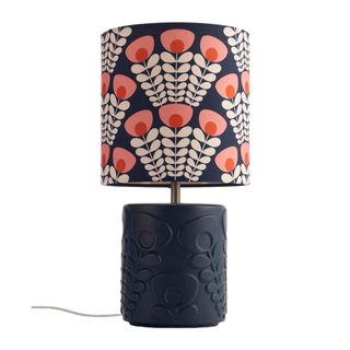 black lamp base with patterned lampshade