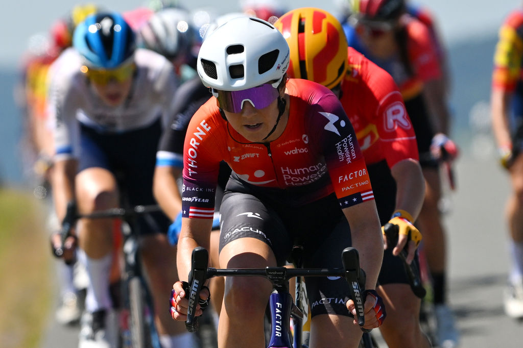 JENA GERMANY JUNE 25 Ruth Edwards of The United States and Team Human Powered Health attacks during the 36th Internationale LOTTO Thringen Ladies Tour 2024 Stage 1 a 1185km from Jena to Jena UCIWWT on June 25 2024 in Jena Germany Photo by Luc ClaessenGetty Images