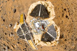 Composite self-portrait of NASA’s Mars Pathfinder on the Red Planet. The center of the image consists of a museum model.