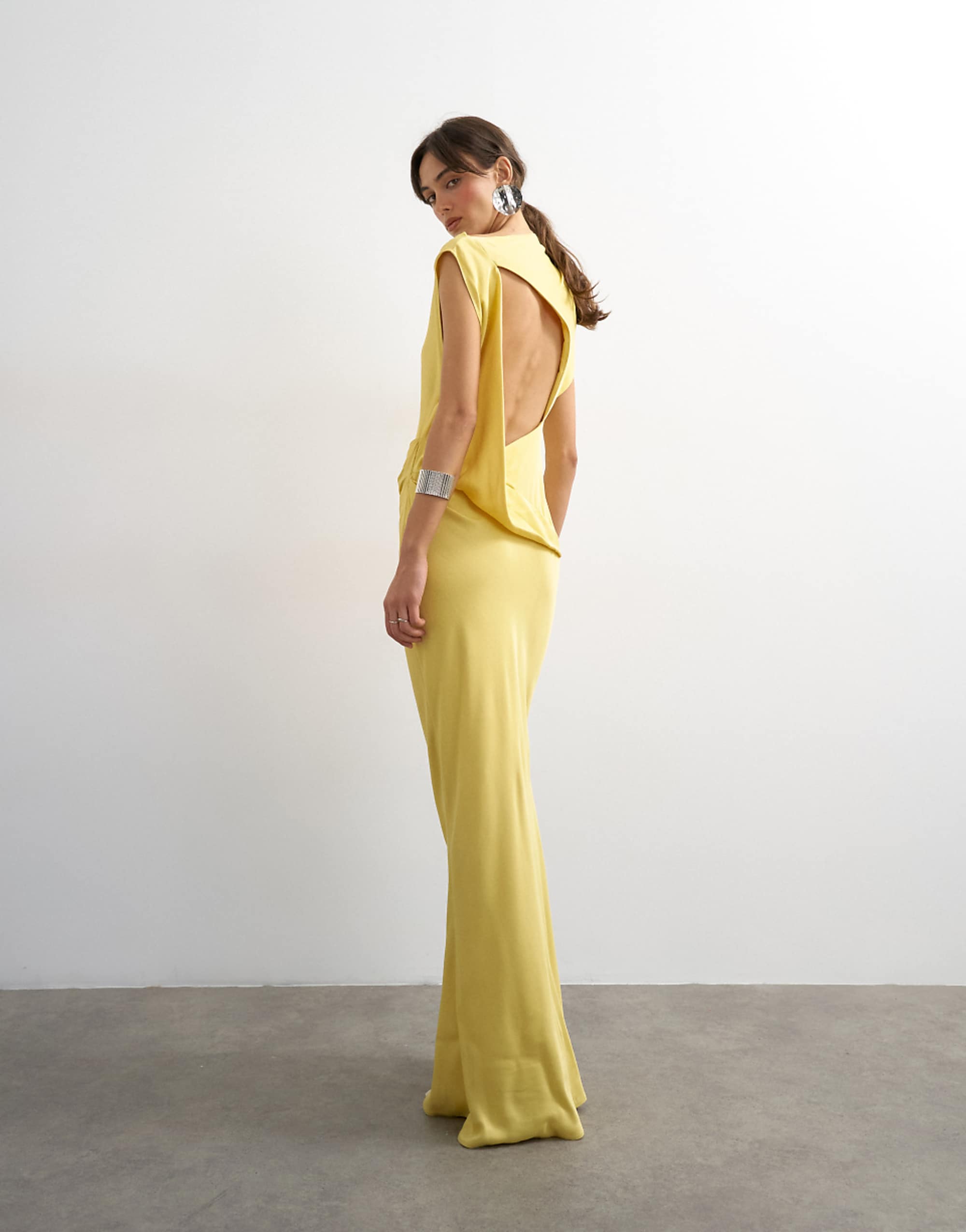 Topshop Satin Grown on Neck Tuck Side Maxi Dress With Open Back in Yellow