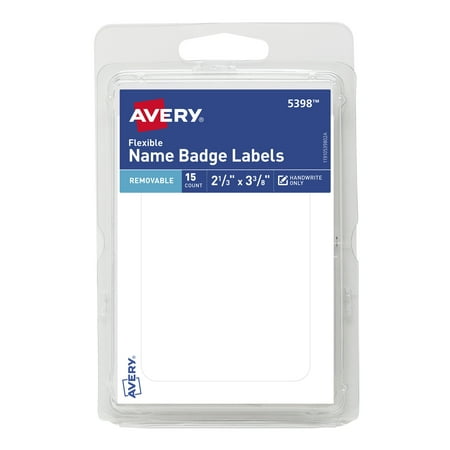Avery Name Badge Labels, Flexible, 2-1/3" X 3-3/8", Film, White, Handwrite, 15 Labels