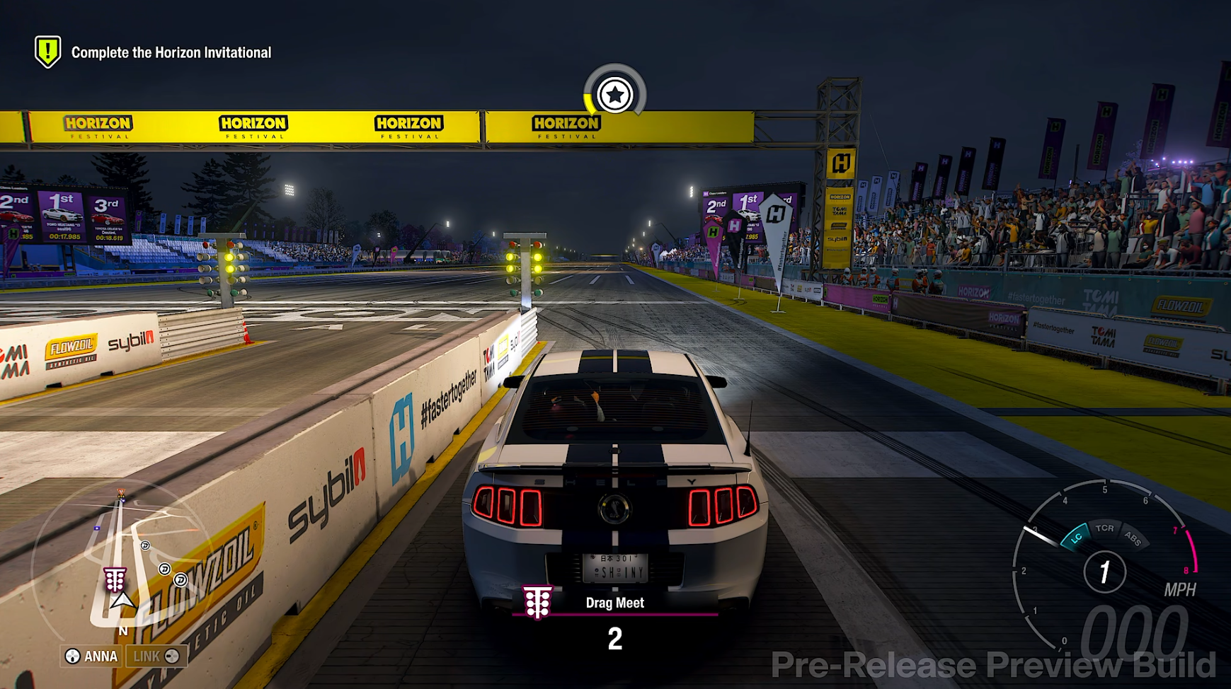 A Shelby Mustang on the start line for a drag meet in the Forza Horizon 6 preview build.