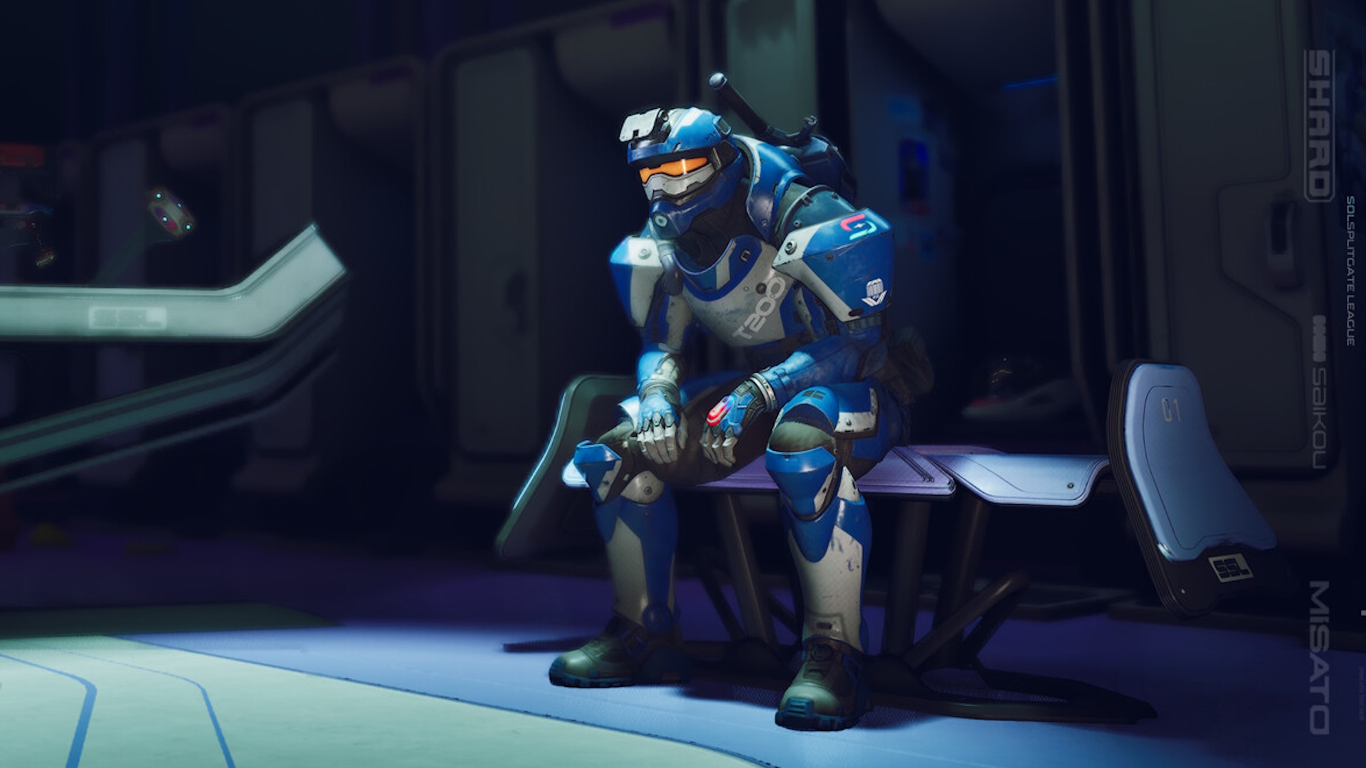 Splitgate: Arena Reloaded guy sitting on a bench in a futuristic locker room, wondering where it all went so wrong