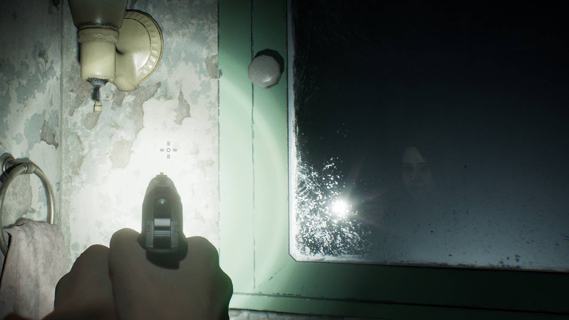 Resident Evil Requiem screenshot of Grace holding gun and illuminated reflection in mirror on right.