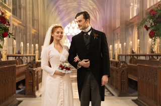 Irene Heron (played by Millie Gibson) on her wedding day with groom Soames Forsyte (Joshua Orpin)