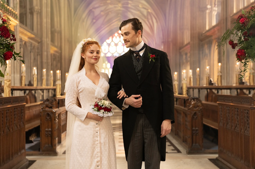 Irene Heron (played by Millie Gibson) on her wedding day with groom Soames Forsyte (Joshua Orpin)